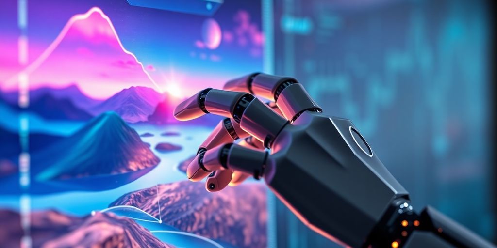 Robot hand editing a photographic image on a screen.