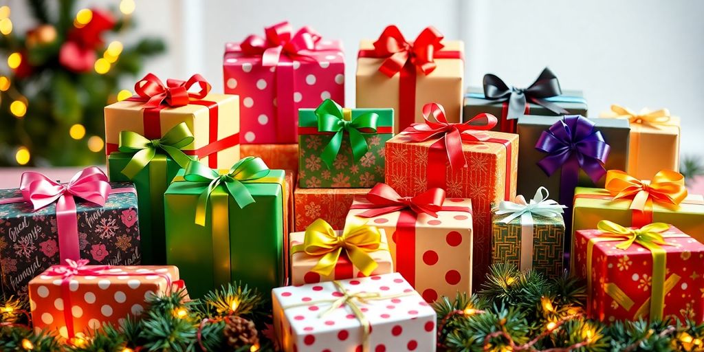 Colorful gender neutral gift boxes for Christmas.