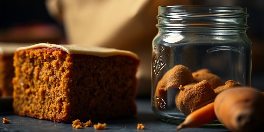 Gâteau aux carottes et bocal en verre.