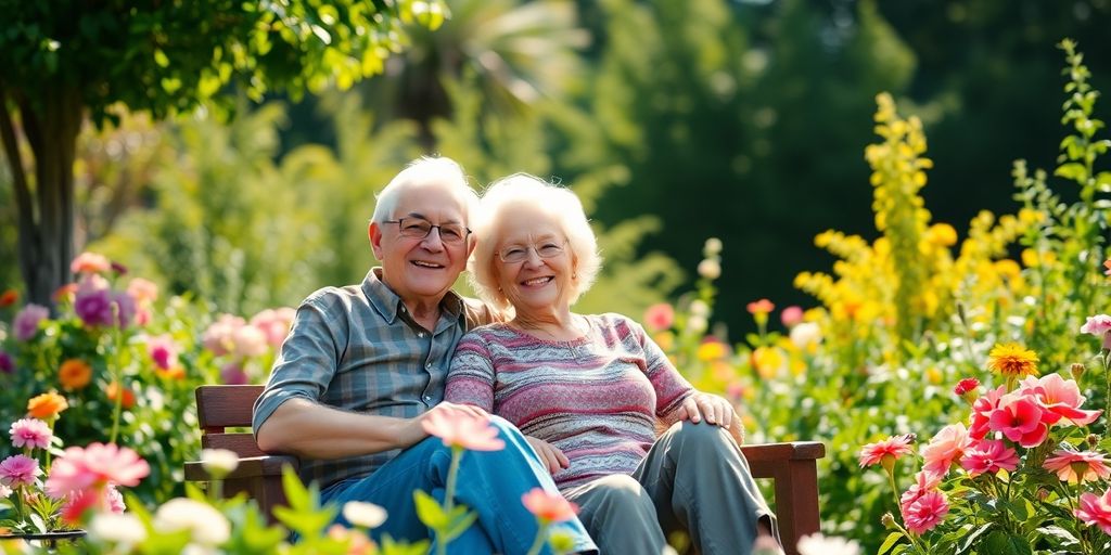 Elderly couple in a garden enjoying their retirement.