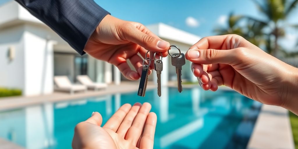 Hands exchanging keys in front of a Thai villa.