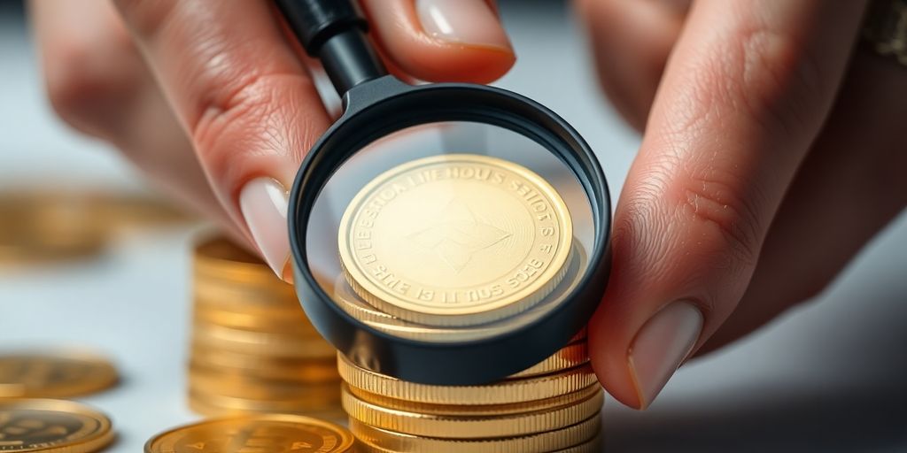 Pièces d'or empilées et mains examinant l'authenticité.