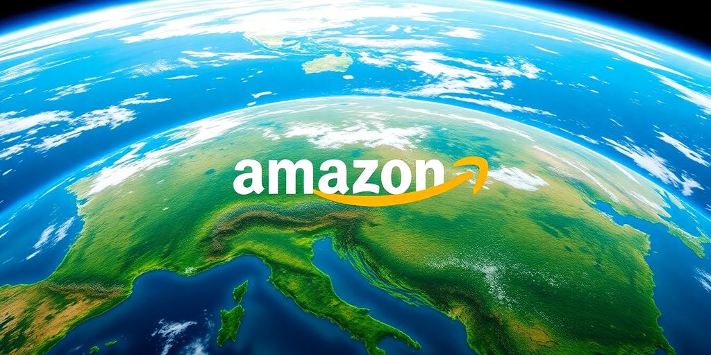 Amazon logo superimposed on global map.