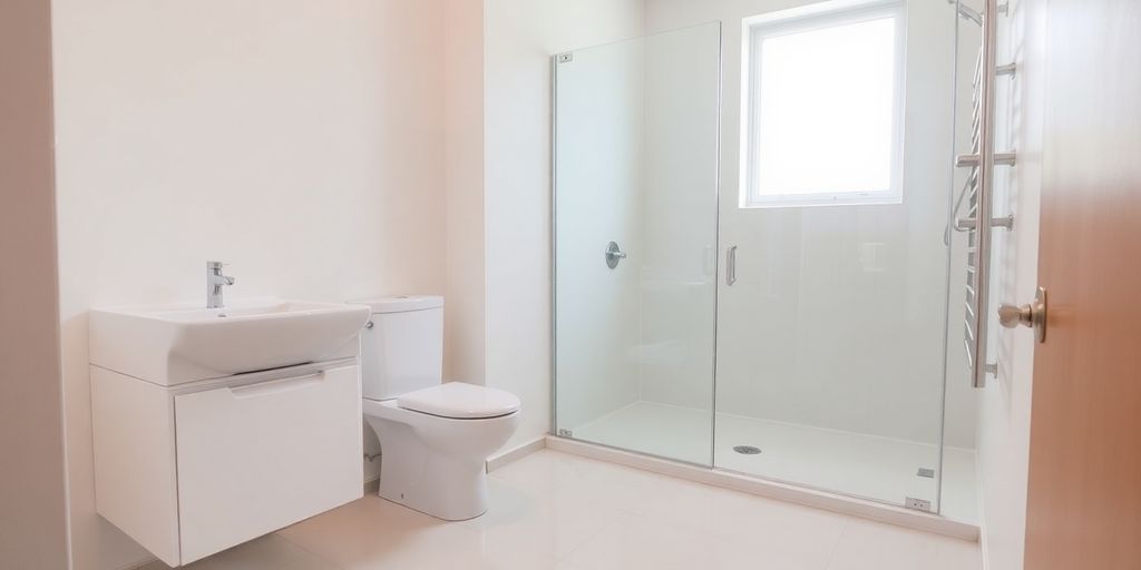 Bathroom with well-spaced toilet, sink, and shower