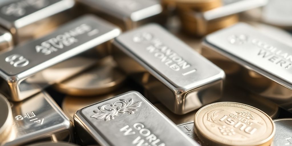 Lingots d'argent et pièces d'argent brillantes.