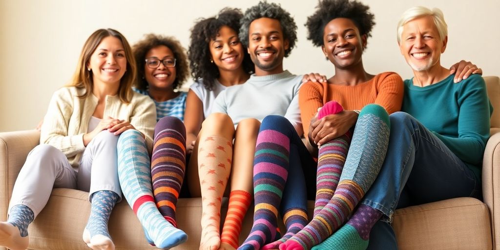 Group of people wearing colorful unisex diabetic socks.