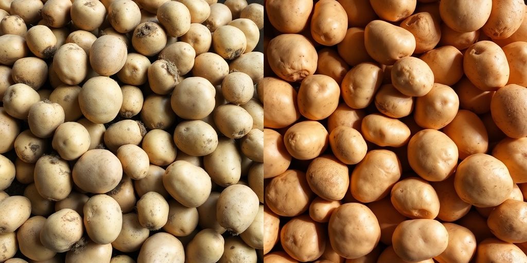 Biologische en gewone aardappelen naast elkaar.