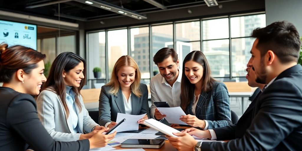 Diverse professionals collaborating in a modern office setting.