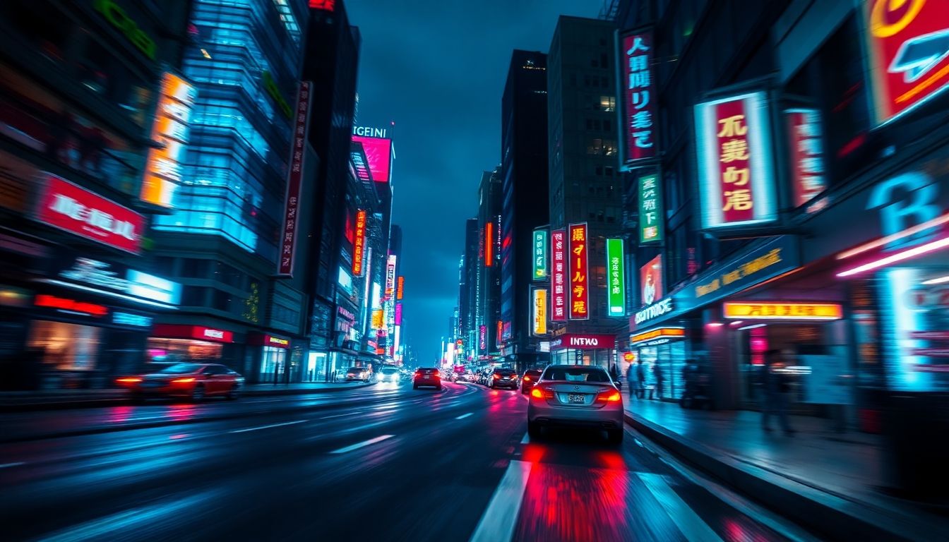 Futuristic cityscape with vibrant neon lights and smooth motion.