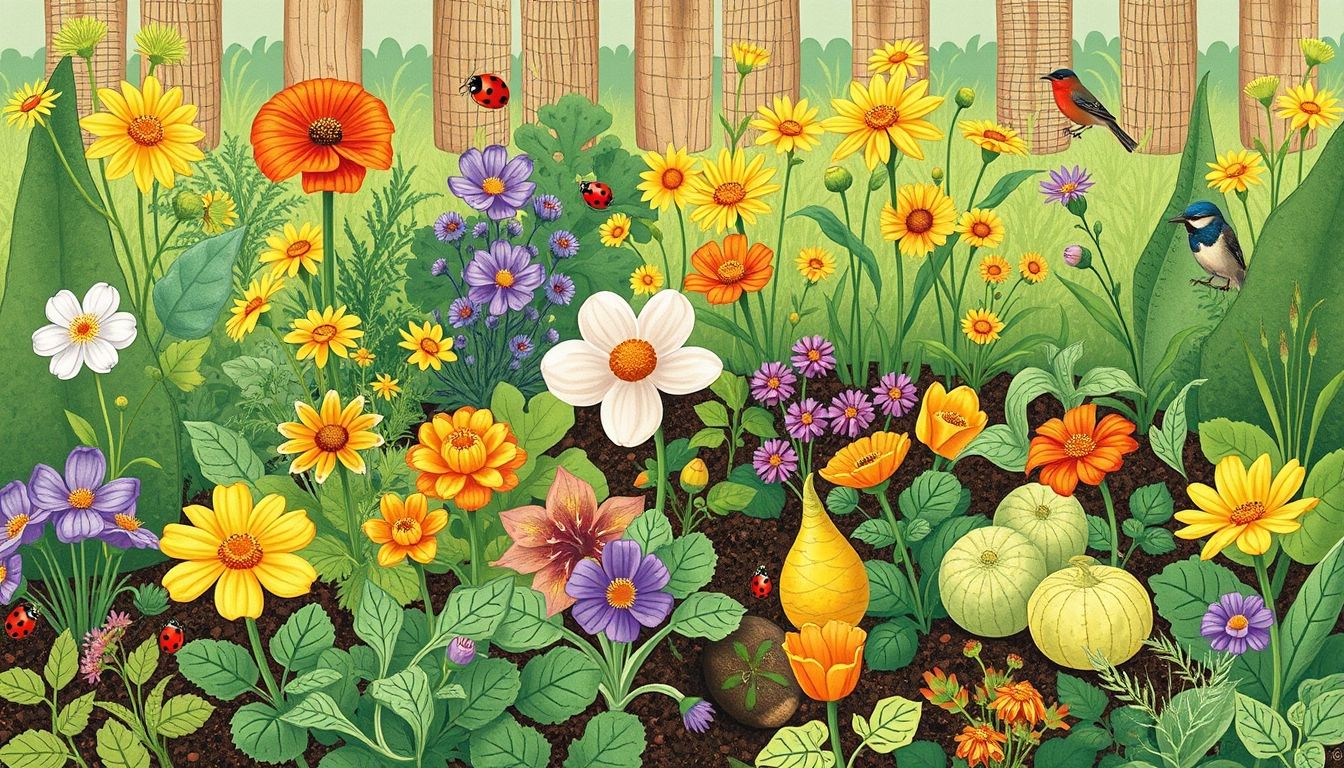 Illustrative garden with plants, flowers, and organic pest control.