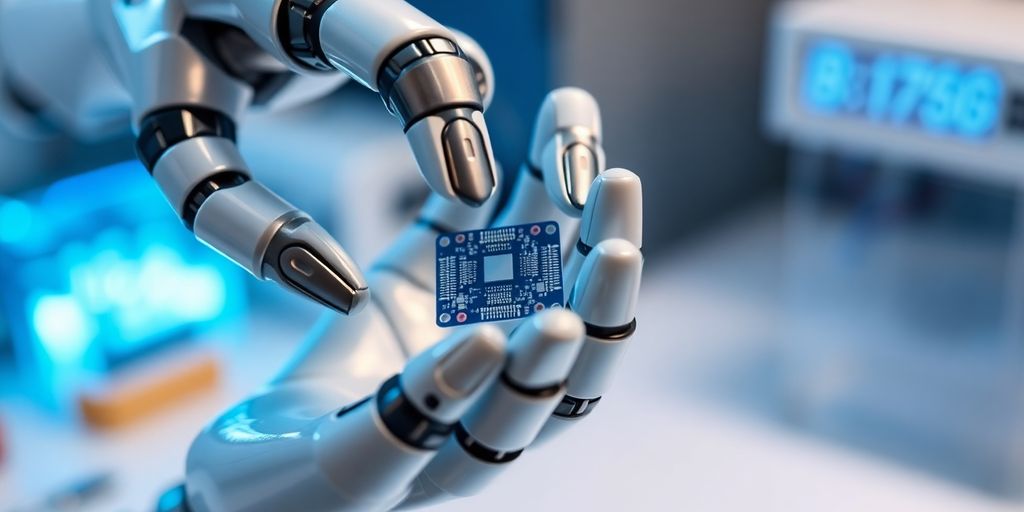 Robotic hand holding a glowing circuit board.