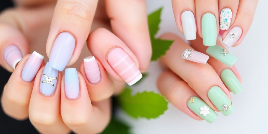 Unhas decoradas em cores claras e design delicado.