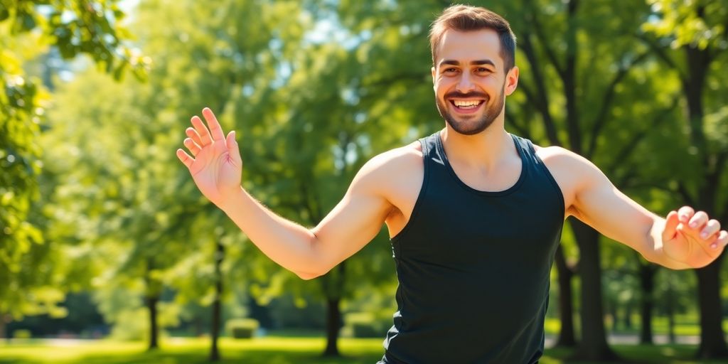 Happy person exercising outdoors.