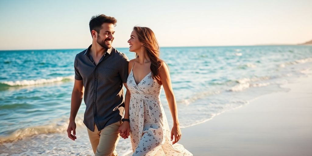 A happy couple, hand-in-hand, walking along a beach.