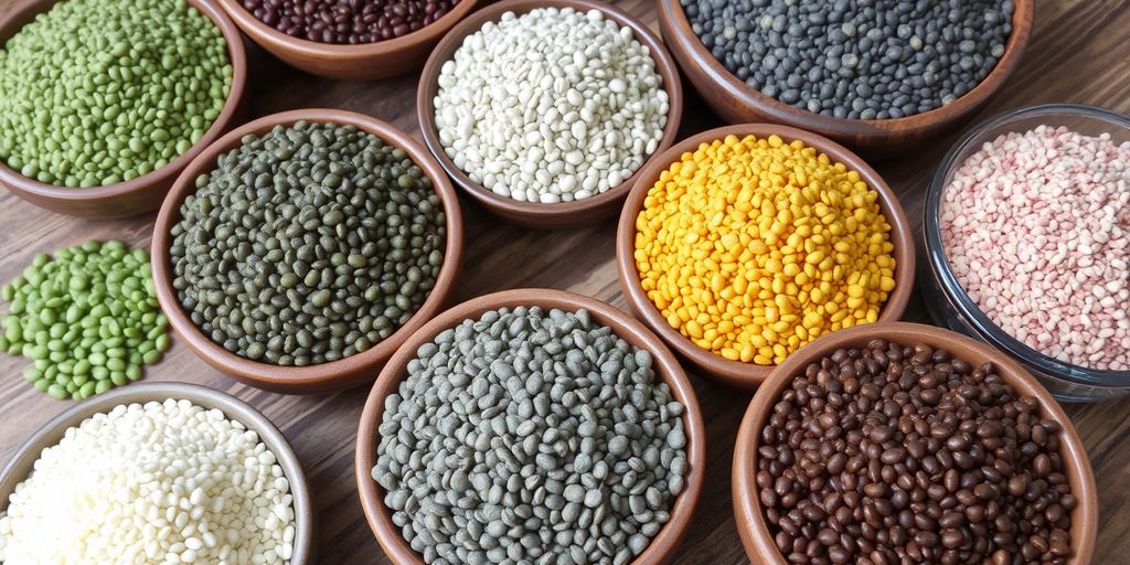 Colorful chia seeds in bowls on a wooden table.