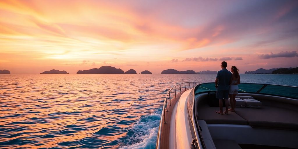Couple on luxury private boat at sunset