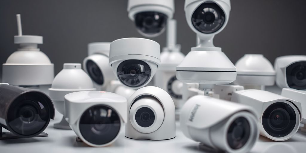 Different types of CCTV cameras on a table.