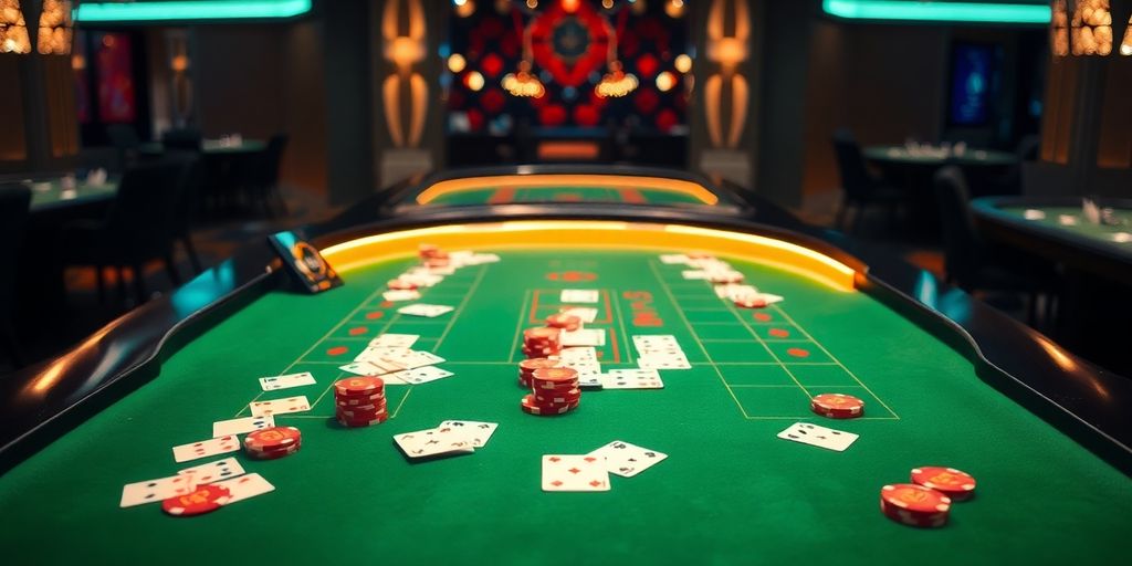 Table de baccarat avec cartes et jetons.