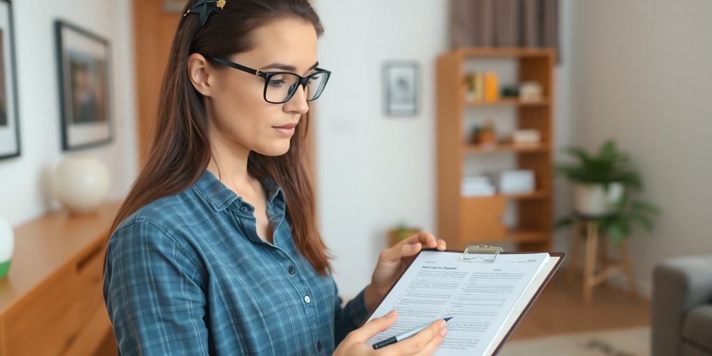 Een persoon inspecteert een huurwoning met notitieboek.