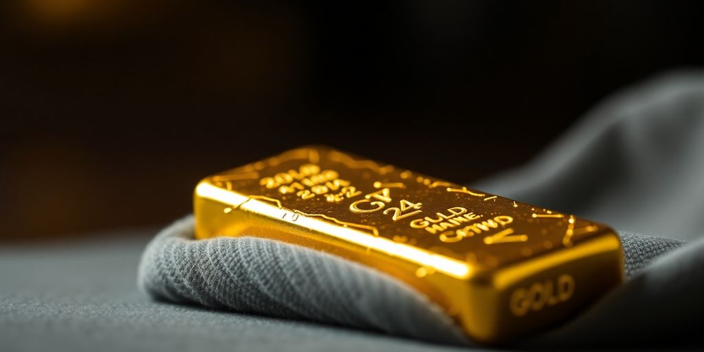 Lingot d'or sur un tissu en velours.