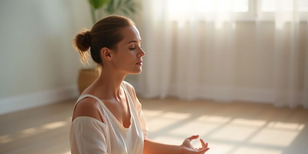 Person meditating in a calm, peaceful environment.