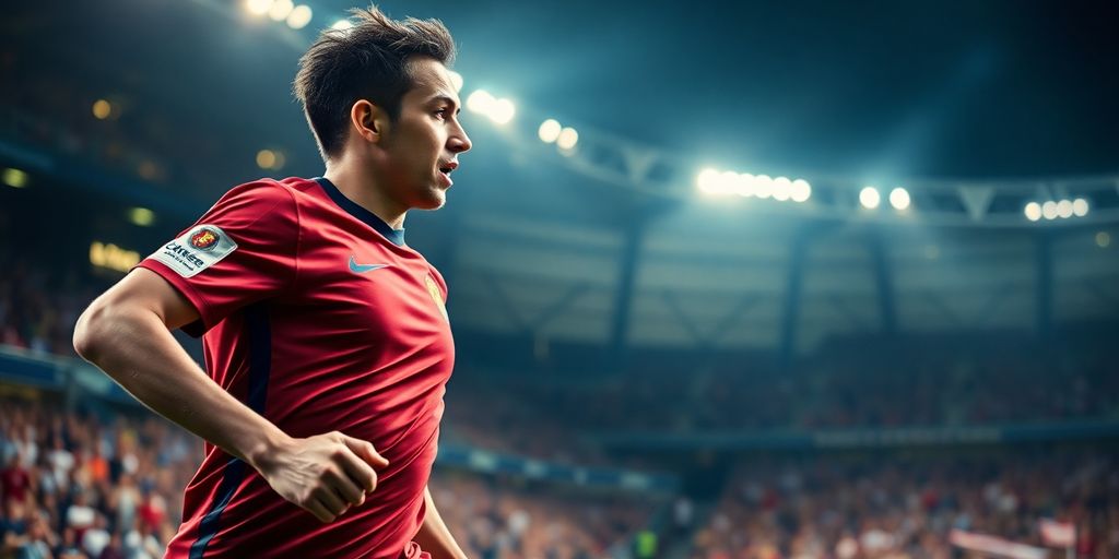 Soccer player in action with a cheering stadium background.