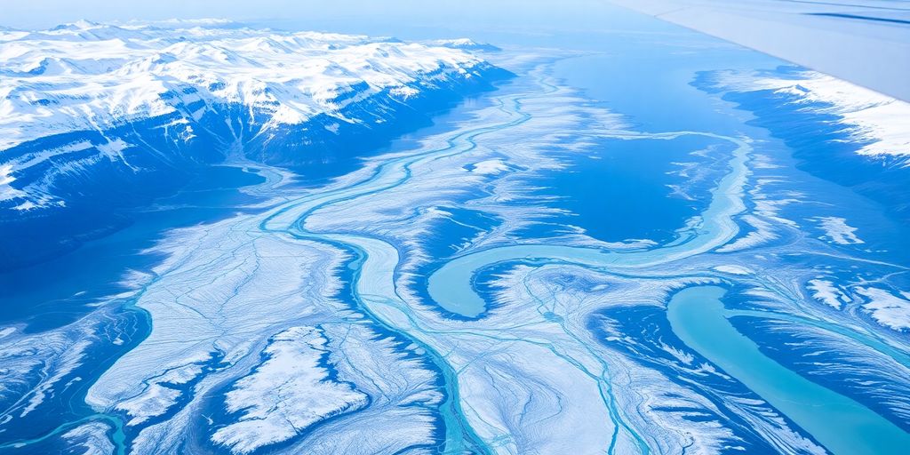 A helicopter flies over vast Alaskan glaciers and mountains.