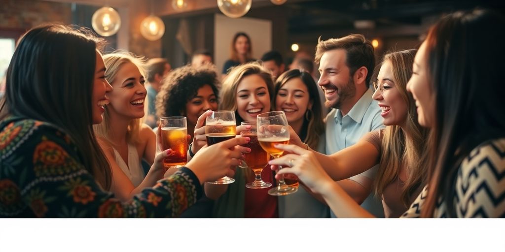Friends toasting drinks in a lively social setting.