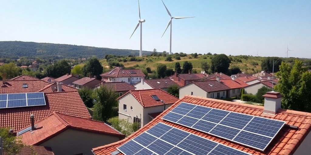 Panneaux solaires sur des toits de village, éolienne en arrière-plan.