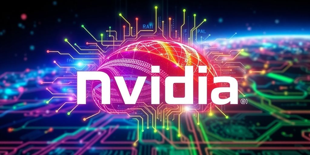 Nvidia logo with futuristic AI and circuit patterns background.