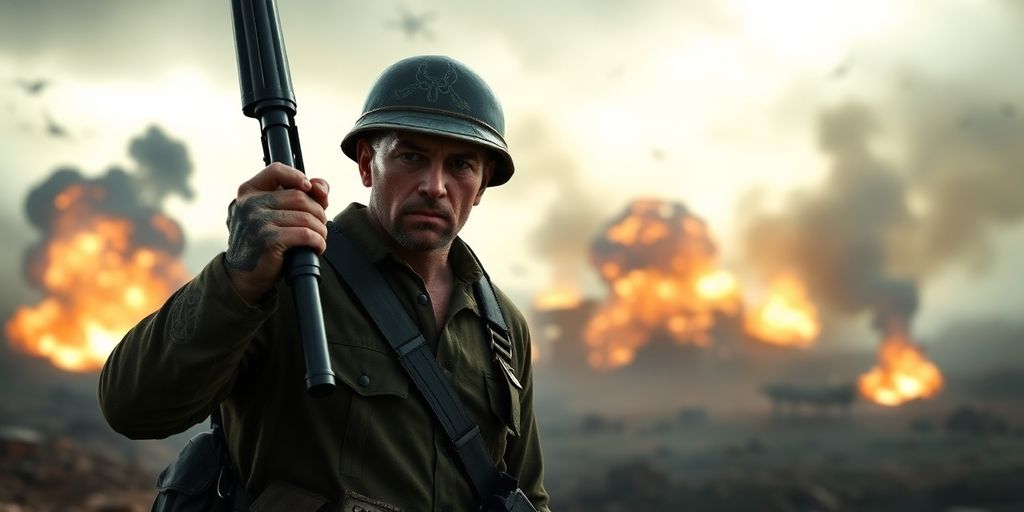 Call of Duty soldier against explosion background.