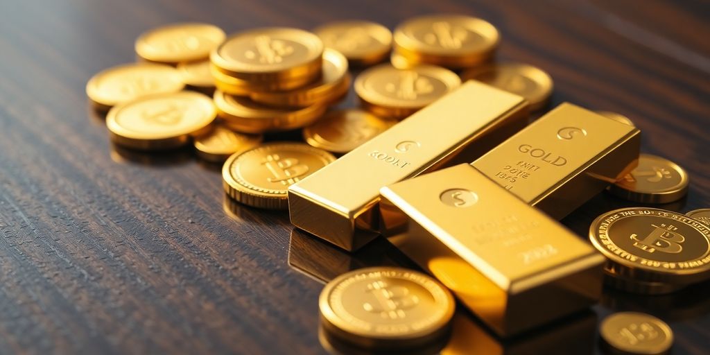 Pièces d'or et lingots sur une surface en bois.