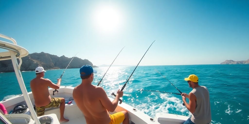 Fishing boats on clear blue waters of Cabo San Lucas.