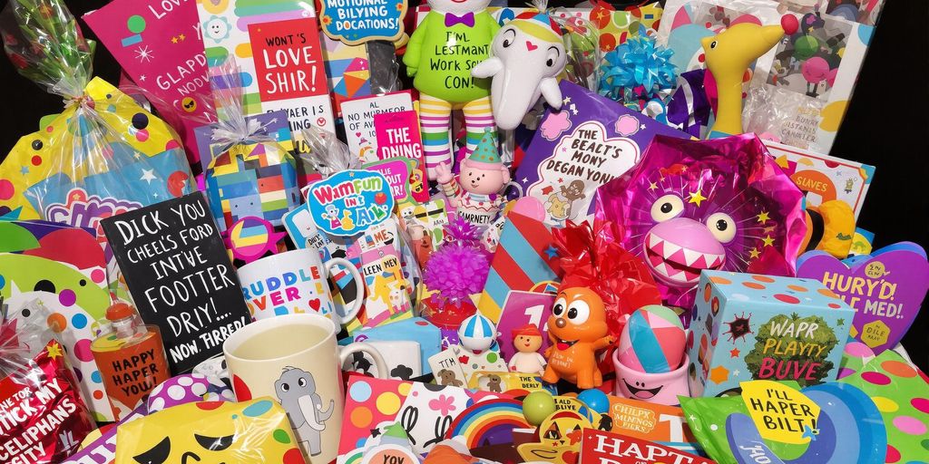 Colorful assortment of quirky gag gifts on display.