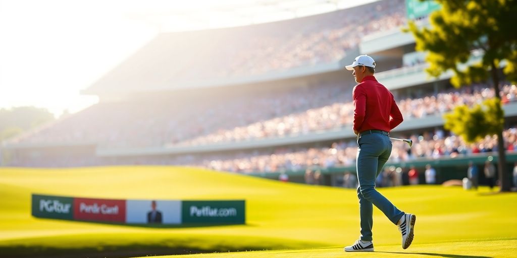 PGA Tour golfer mid-swing with a stadium backdrop.