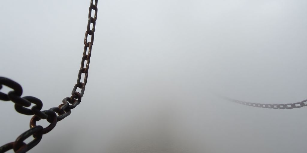 Chaînes, brouillard, et un chemin sombre.
