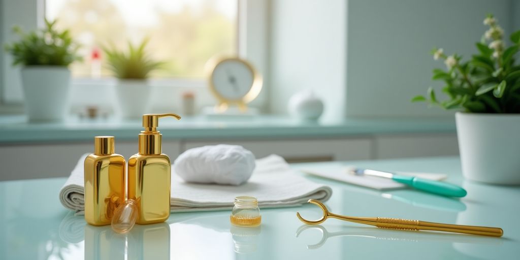 Espace dentaire propre avec or dentaire et outils.
