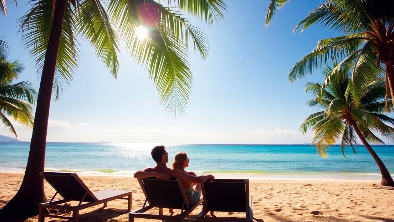 Couple relaxing on a sunny Phuket beach with palm trees.