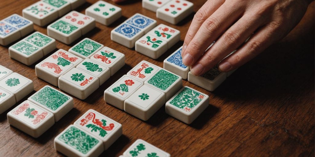 Different sized Mahjong tiles on a wooden table.