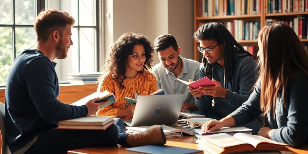Grupo de estudantes discutindo com livros e laptops.
