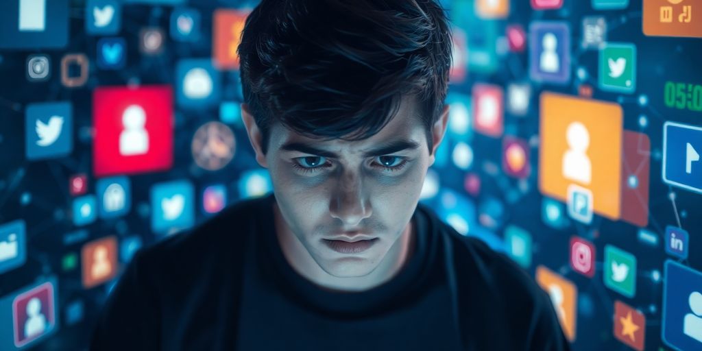 Youngster stressed by digital world icons and screens.