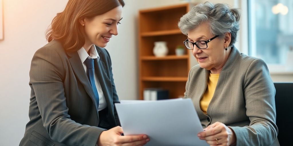 Solicitor consulting with a head injury survivor in office.