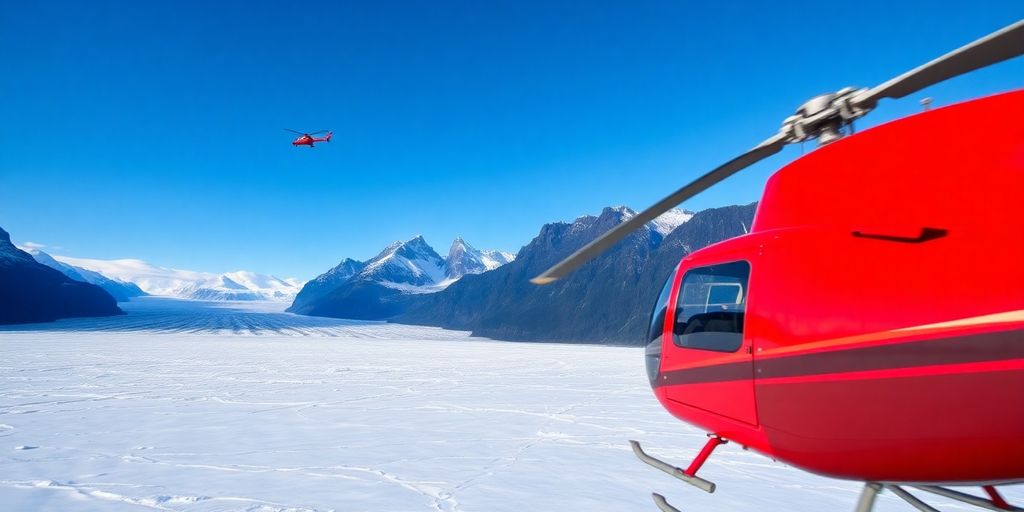 A helicopter soars over vast, snow-covered Alaskan mountains.