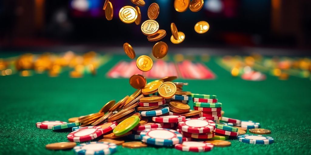 Sparkling coins cascading onto casino chips, bright.