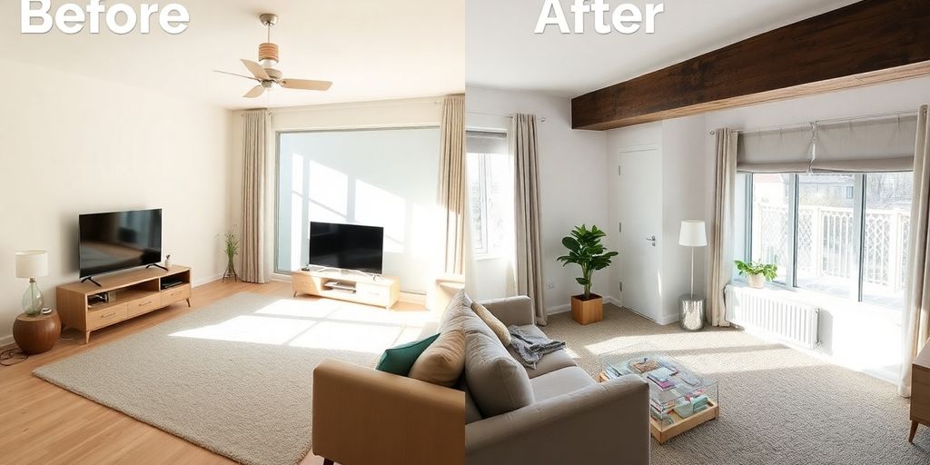 Sparkling clean home interior contrasted with a slightly cluttered one.
