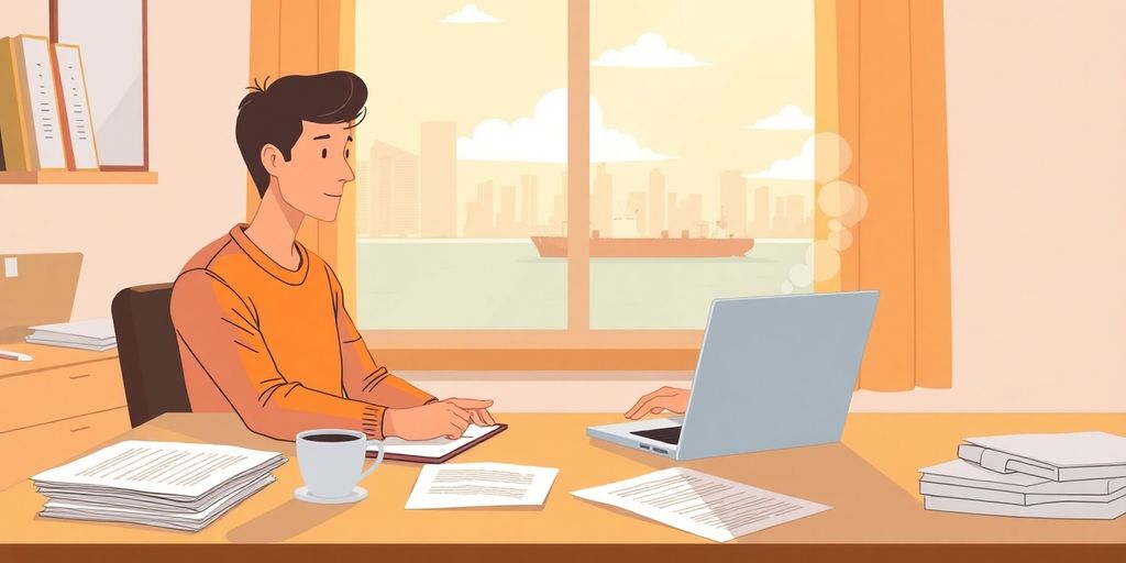Young professional working at desk with Lake Michigan waterfront view