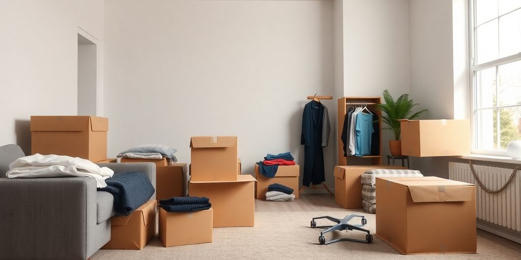 Dozen verhuisdozen in een lege kamer.