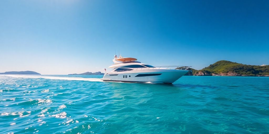 Luxury yacht sails calm turquoise waters.