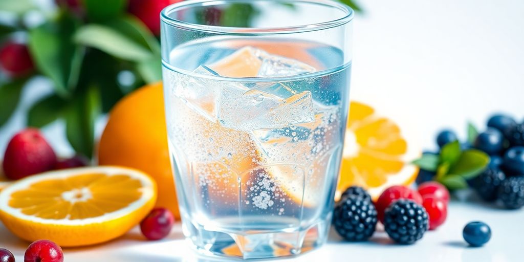 A glass of water with fresh fruits for hydration.