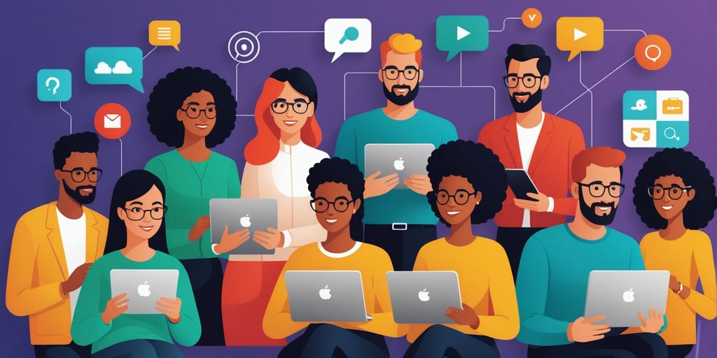 Diverse group using devices for audience insights.